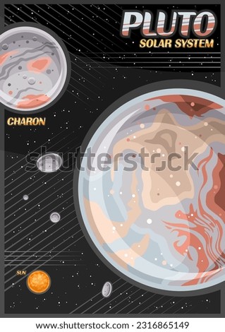 Vector Poster for Pluto, vertical banner with illustration of rotating satellite charon around cartoon pluto planet on black starry background, decorative cosmo leaflet with words pluto - solar system