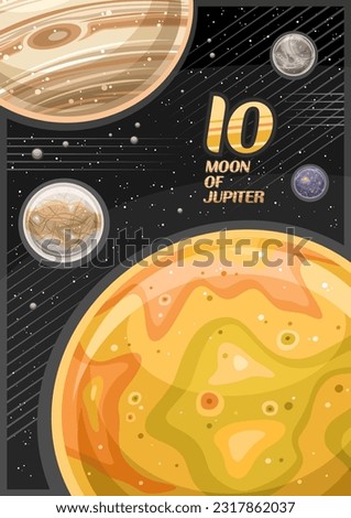 Vector Poster for Io, vertical banner with illustration of rotating orange moon io around cartoon jupiter planet on black starry background, decorative cosmo leaflet with words io - moon of jupiter