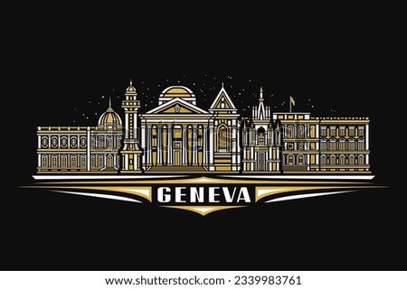 Vector illustration of Geneva, black horizontal card with linear design famous geneva city scape on dusk sky background, historical urban line art concept with decorative letters for white text geneva