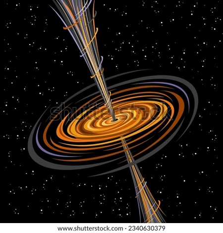 Vector illustration of Black Hole, square astronomical poster with fantasy print with hot rotating orange gas clouds and line art cosmo jets from supermassive black hole on dark starry background