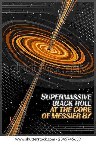 Vector Poster for Black Hole, vertical banner with illustration of hot rotate orange gas clouds and line art cosmic jet from black hole on dark starry background, decorative fantasy booklet with text