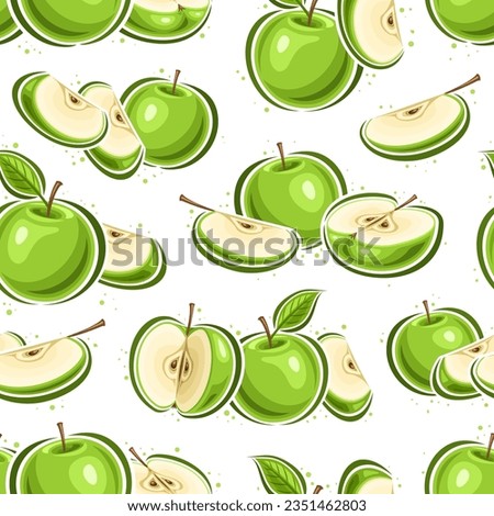Vector Green Apples seamless pattern, repeat background with fruity composition of green juicy apples for wrapping paper, square poster with group of flying flat lay ripe apple fruit for home interior