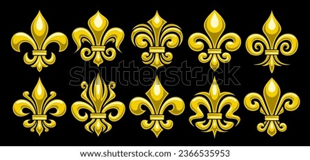 Vector Fleur de Lis set, horizontal banner with lot collection of 10 cut out illustrations of variety yellow fleur de lis lily flowers, group of many different ornate art symbols on black background