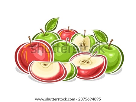 Vector logo for Colorful Apples, decorative horizontal poster with outline illustration of red and green apple fruity composition, fruit print with group of juicy assorted chopped apples with seeds