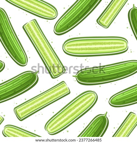 Vector Cucumber Seamless Pattern, repeat background with chopped ripe garden cucumbers for bed linen, decorative square poster with group of flat lay juicy cucumber fruits on white for home interior