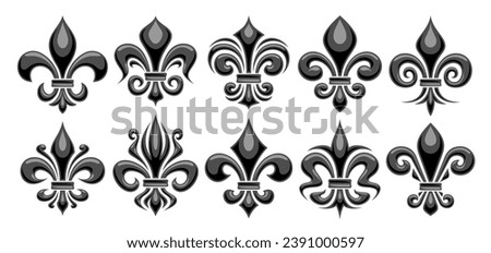 Vector Fleur de Lis set, horizontal banner with lot collection of 10 cut out illustrations of variety monochrome fleur de lis lily, group of many various antique monarchy symbols on white background