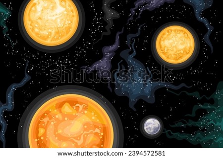 Vector illustration of Alpha Centauri Stellar System, astronomical horizontal poster with cartoon design triple-star fantasy system in deep space, decorative cosmic print on starry space background