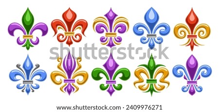 Vector Fleur de Lis set, horizontal banner with collection of 10 cut out illustrations of different colorful fleur de lis lily flowers, group of many various antique art symbols on white background