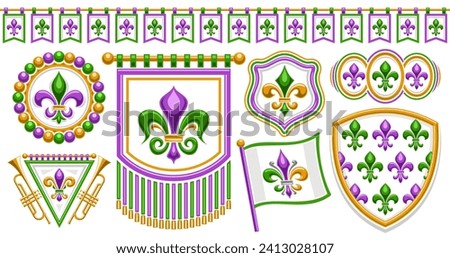 Vector Fleur de Lis set, horizontal banner with collection of isolated illustrations of variety green and purple fleur de lis flourishes, seamless bunting, group of vintage decorative design elements