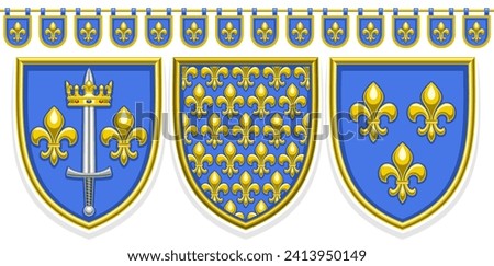 Vector Fleur de Lis Shields, horizontal banner with set of isolated illustrations of variety blue coat of arms with yellow fleur de lis flourishes and decorative seamless bunting on white background