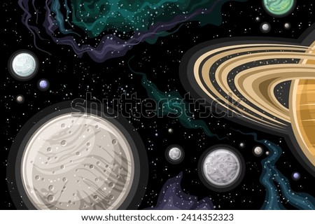 Vector Fantasy Space Chart, horizontal poster with illustration of  saturn moons, rotating around Saturn planet in deep space, decorative futuristic cosmo print with black stellar space background