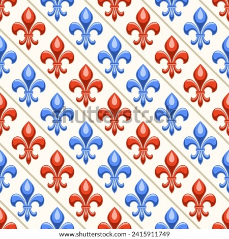 Vector Fleur de Lis Seamless Pattern, repeat background with illustrations of pattern with blue and red fleur de lis flourish for wrapping paper, square poster with french ornament on white background