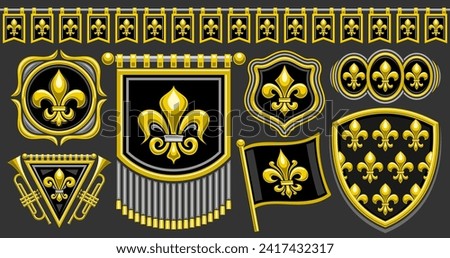 Vector Fleur de Lis set, horizontal banner with collection of isolated illustrations of various black and yellow fleur de lis flourishes, seamless bunting, group of vintage decorative design elements