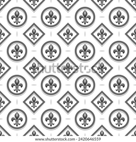 Vector Fleur de Lis Seamless Pattern, repeat background with illustrations of retro pattern with black fleur de lis in circle and rhombus cells, square poster with french ornament on white background