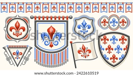 Vector Fleur de Lis set, horizontal banner with collection of cut out illustrations of different red and blue fleur de lis flourishes, seamless bunting, group of vintage decorative design elements