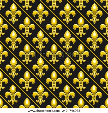 Vector Fleur de Lis Seamless Pattern, repeat background with illustrations of simple pattern with yellow fleur de lis flourish for wrapping paper, square poster with french ornament on dark background