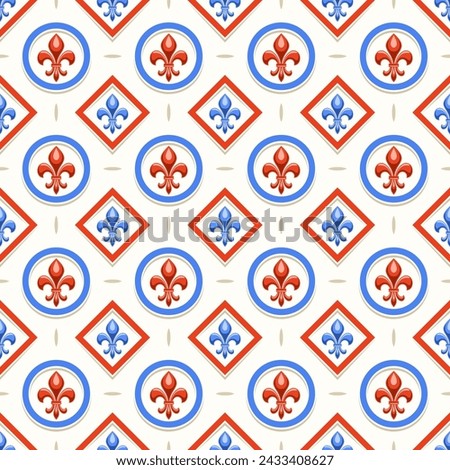 Vector Fleur de Lis Seamless Pattern, repeat background with illustrations of vintage pattern with fleur de lis in circle and rhombus cells, square poster with old french ornament on white background