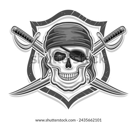 Vector logo for Pirate Skull, decorative poster with illustration of wicked smiling pirate skull in grey bandana and crossed sword for esport team, mascot for children pirate party on white background