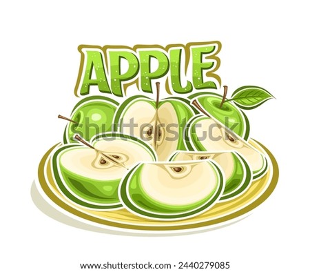 Vector logo for Green Apple, decorative horizontal poster with outline illustration of raw apple composition with leaves, cartoon design fruity print with many chopped apples parts on white background