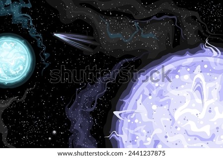 Vector Fantasy Space Chart, horizontal poster with cartoon design bluish white brightest binary star system and flying comet in deep space, decorative cosmic print with black starry space background
