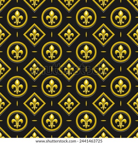 Vector Fleur de Lis Seamless Pattern, repeating background with illustrations of lattice pattern and gold fleur de lis in round and rhomb cells, square poster with french ornament on dark background