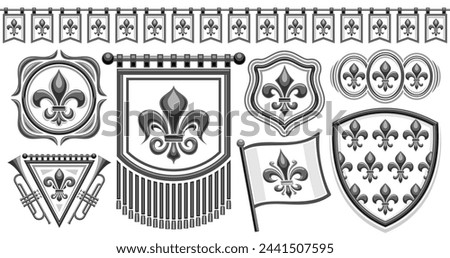 Vector Fleur de Lis set, horizontal banner with collection of isolated illustrations of diverse black and white fleur de lis flourishes, seamless garland, group of vintage decorative design elements