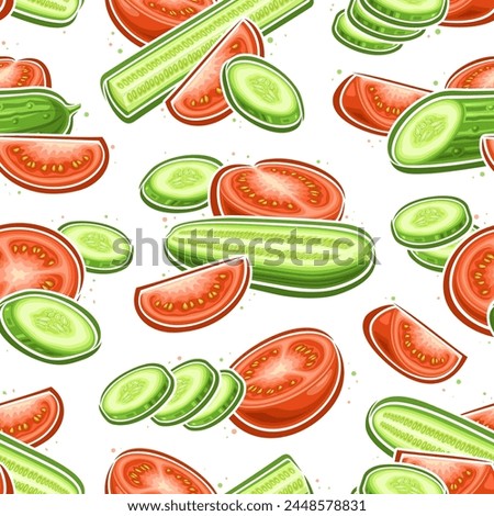 Vector Tomato and Cucumber seamless pattern, repeat background with chopped flying vegetables for bed linen, decorative square poster with group of flat lay tomatoes and cucumbers for home interior