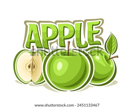 Vector logo for Green Apple, decorative horizontal poster with outline illustration of apple composition with green leaf, cartoon design fruity print with chopped apple with seeds on white background