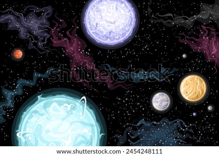 Vector Fantasy Space, horizontal astronomical poster with cartoon design brightest binary star system with planets in deep space, decorative futuristic cosmo print with black starry space background