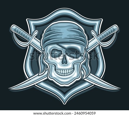 Vector logo for Pirate Skull, decorative poster with illustration of wicked smiling pirate skull in blue bandana and crossed sword for esport team, mascot for children pirate party on black background