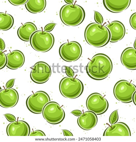 Vector Green Apple seamless pattern, repeating background with flying cartoon apples for wrapping paper, square placard with flat lay outline green apple fruits on white background for home interior