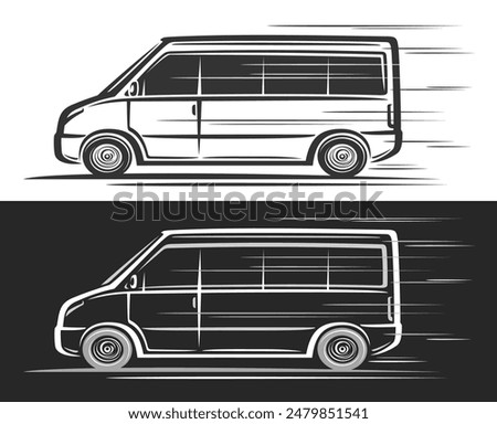 Vector logo for Minibus, horizontal automotive banners with simple contour illustration of line clip art monochrome minibus in moving, decorative running luxury minibus on black and white background