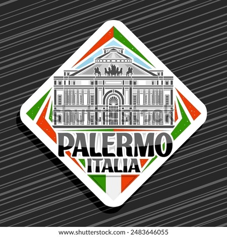 Vector logo for Palermo, white rhombus road sign with line illustration of famous politeama theatre in palermo on day sky background, decorative refrigerator magnet with black text palermo, italia