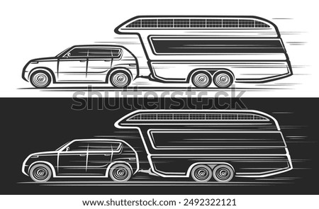 Vector logo for Tourist Caravan, automotive banners with illustration of monochrome luxury camper in moving, decorative artwork of electric jeep pulled trailer caravan on black and white background