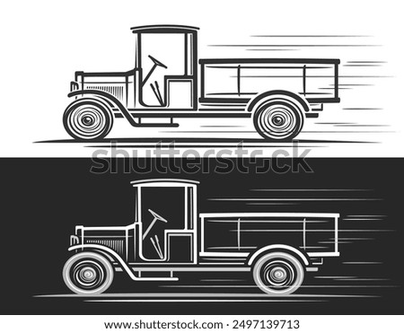 Vector logo for Retro Truck, horizontal automotive banner with clip art contour illustration of vintage truck in moving, line art running monochrome classic retro lorry on black and white backgroun