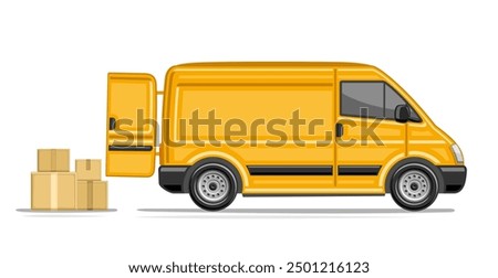 Vector header for Delivery Van, isolated illustration of profile side view commerce van with opened back door and pile of carton boxes, orange postal van with empty copy space on white background