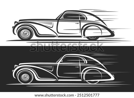 Vector logo for Old Timer Coupe Car, automotive decorative banners with simple illustration of elegant car in moving, clipart of running monochrome luxury old timer car on black and white background