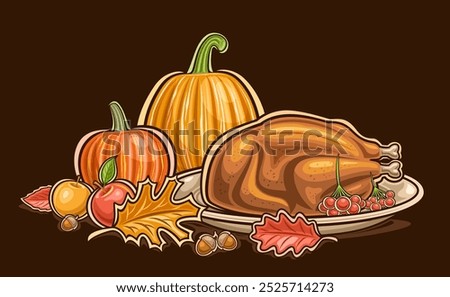 Vector Thanksgiving Logo, horizontal poster with cartoon design composition of thanksgiving turkey with rowan branch on tray and orange pumpkin, decorative placard for thanksgiving on black background