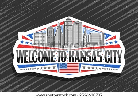 Vector logo for Kansas City, decorative cut paper badge with line illustration of urban missouri cityscape on day sky background, art design refrigerator magnet with black words welcome to kansas city