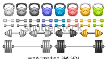 Vector Dumbbell Set, collection of cut out illustrations variety colorful dumbbells and monochrome barbells for fitness room, group of metall fitness products for workout on white background