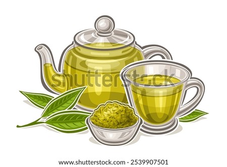 Vector logo for Green Tea Drink, horizontal poster with cartoon design traditional tea composition, decorative placard with fresh green tea in glass teapot and transparent teacup on white background