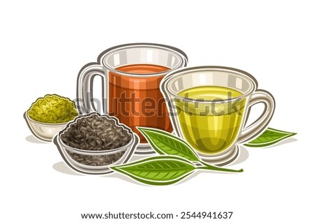 Vector logo for Tea Drink, horizontal poster with cartoon design traditional tea composition, decorative placard with sencha green and black darjeeling tea in transparent teacups on white background