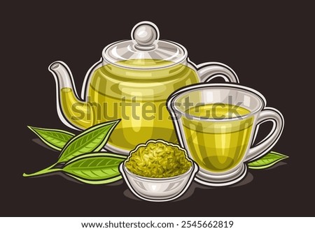 Vector logo for Green Tea Drink, horizontal poster with cartoon design traditional tea composition, decorative placard with asian green tea in glass teapot and transparent teacup on black background