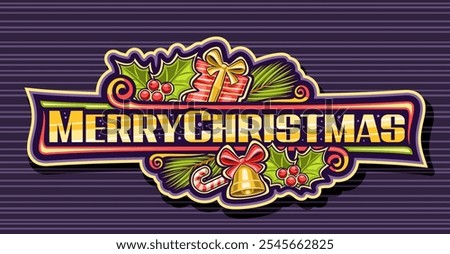 Vector logo for Merry Christmas, decorative label with cartoon design christmas decoration, horizontal badge with surprise present and golden bell with bow, wish merry christmas on purple background