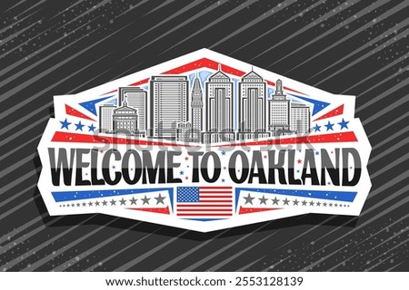 Vector logo for Oakland, white decorative label with line illustration of urban panoramic oakland city scape on day sky background, art design refrigerator magnet with black words welcome to oakland