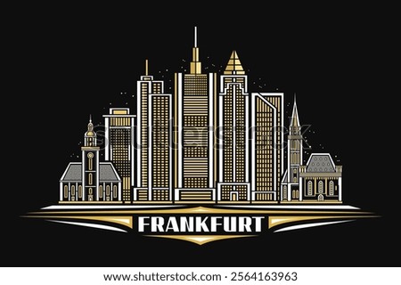 Vector illustration of Frankfurt, dark horizontal card with linear design famous frankfurt city scape on nighttime sky background, european urban line art concept with unique letter for text frankfurt