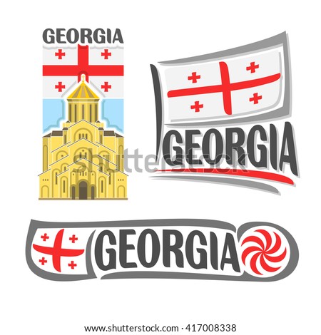 Vector logo for Georgia, consisting of 3 isolated illustrations: Holy Trinity Cathedral of Tbilisi on background of national state flag, symbol of Georgia and georgian flag beside borjgali close-up