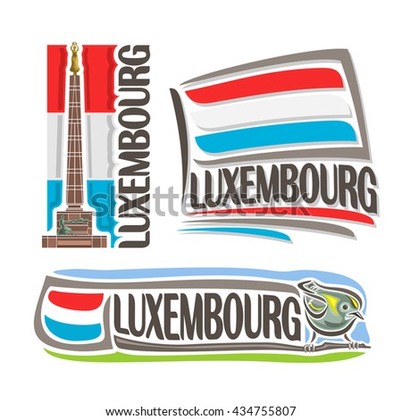 Vector logo Luxembourg, 3 isolated illustrations: statue of golden lady on background of national state flag, luxembourgish symbol and flag Grand Duchy of Luxembourg beside goldcrest kinglet close-up