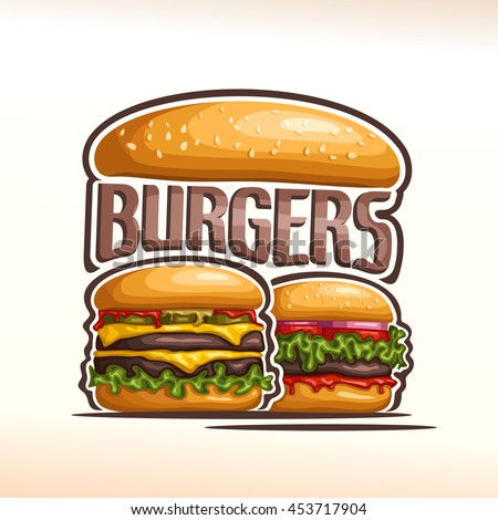 Vector logo double burgers, cut bun sesame, meat beef hamburger grilled patty, pickle, slice cheese cheddar, leaf lettuce salad, tomato ketchup. Big Burger menu for american fast food cafe takeaway