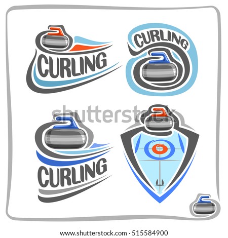 Vector abstract logo Curling Stone on blue ice rink with circles target, decoration sign sport club, simple line red granite stone sliding in goal, isolated icon on white, flat design curling blazon.